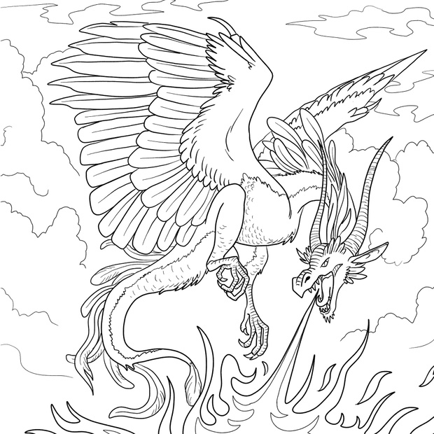 Black and white coloring page ink illustration of a dragon.