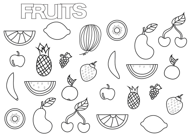 Hand drawn fruits set. Coloring book page template.  Outline doodle vector illustration.