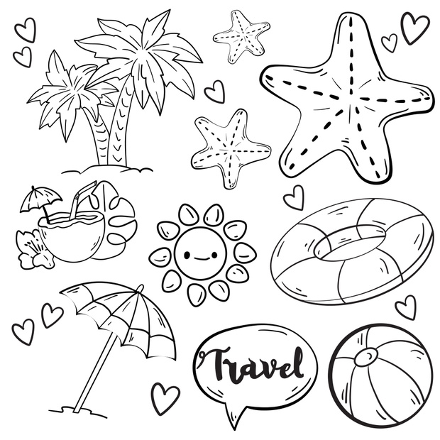 Contour vector illustration with sun, umbrella, starfish, palm,