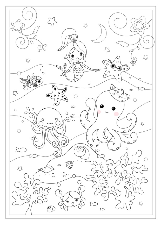 Black and White Cartoon llustrations of Funny Sea Life Animals,
