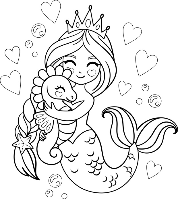 Princess mermaid hugs a seahorse. Vector illustration for colori
