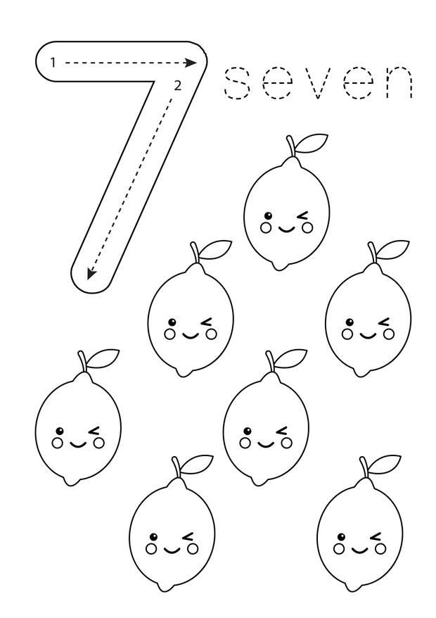 Flashcard number 7. Preschool worksheet. Black and white fruits.