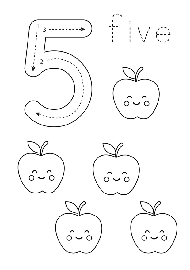 Flashcard number 5. Preschool worksheet. Black and white fruits.