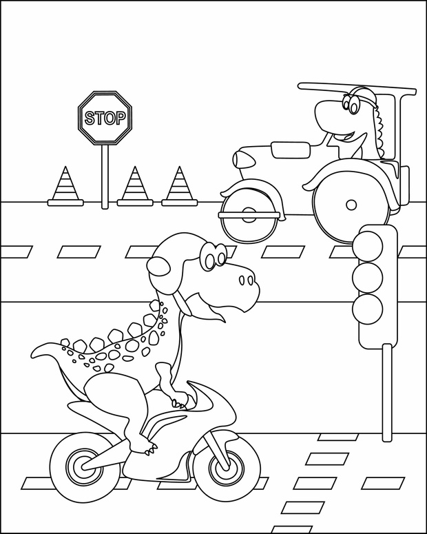 Dinosaurs cartoon characters riding transport, vector illustrati