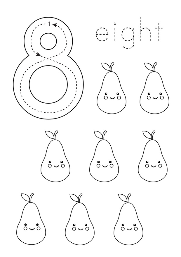 Flashcard number 8. Preschool worksheet. Black and white fruits.