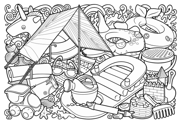 Cartoon cute doodles hand drawn summer beach children's entertainment illustration.