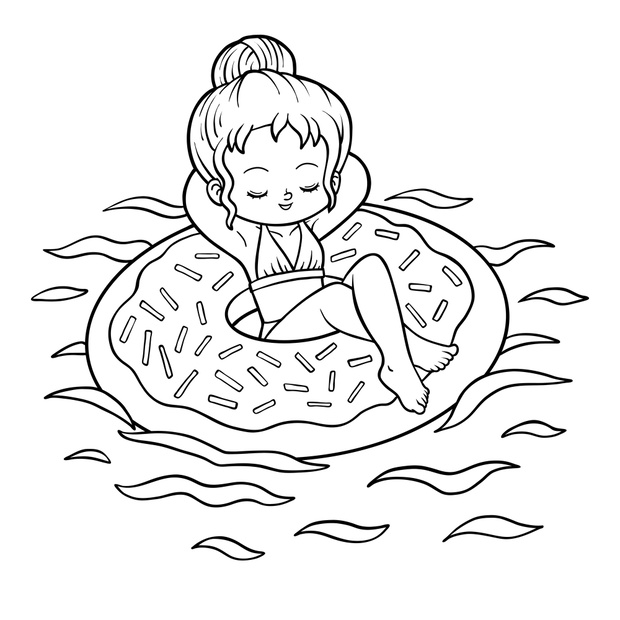Coloring book, Girl and inflatable donut swimming ring