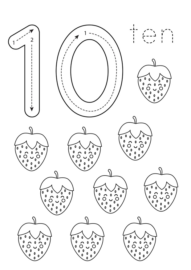 Flashcard number 10. Preschool worksheet. Black and white fruits.