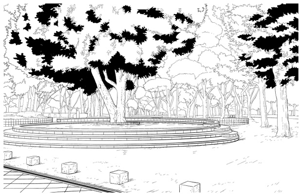 漫画風ペン画イラスト　公園