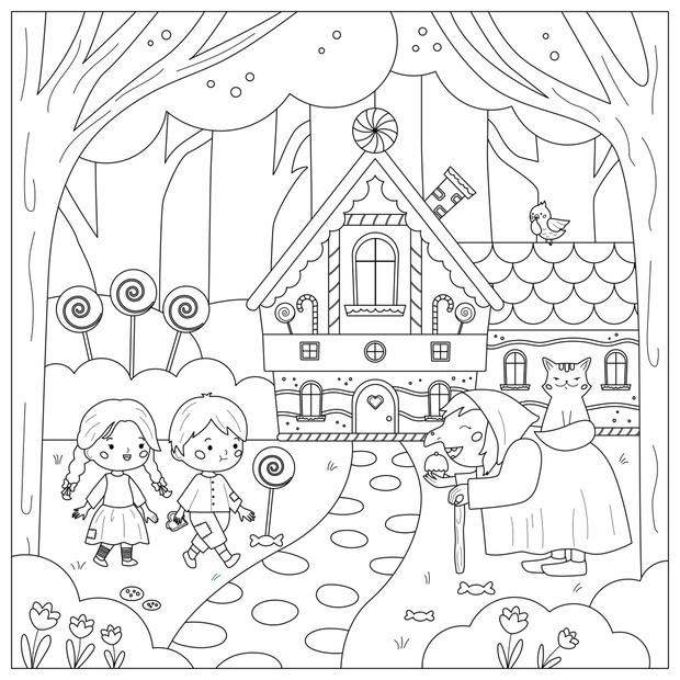 Coloring page with Hansel and Gretel. Cartoon witch, sweet house and funny cat. Classic fairy tale for children. Cute kawaii characters. Vector illustration for coloring book.