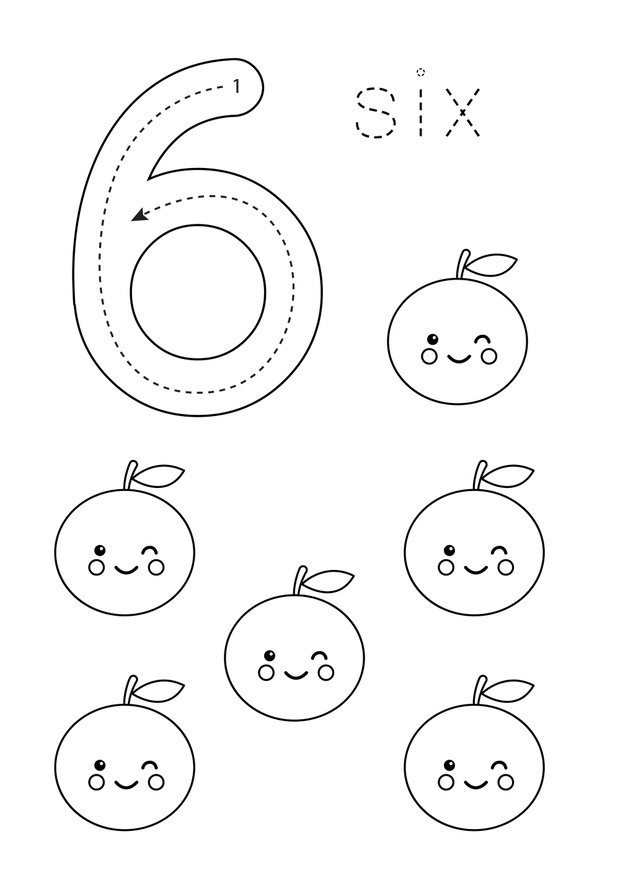 Flashcard number 6. Preschool worksheet. Black and white fruits.