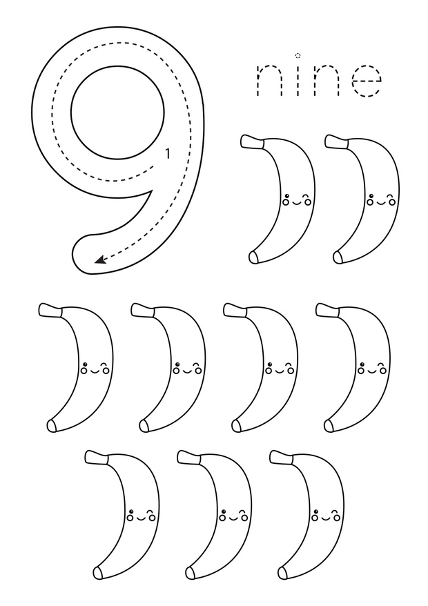 Flashcard number 9. Preschool worksheet. Black and white fruits.