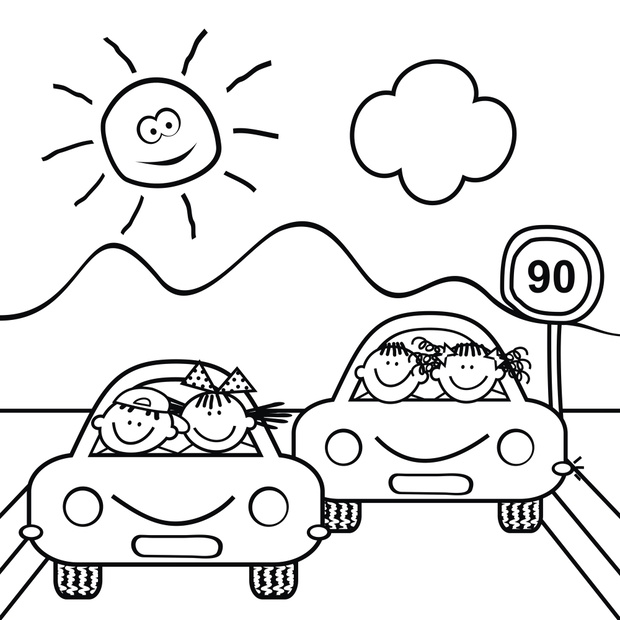 Kids at cars and traffic sign, landscape, coloring book for chil