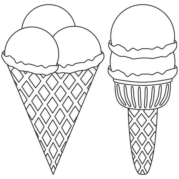 Line art ice cream 2 3 ball cone black and white icon set.