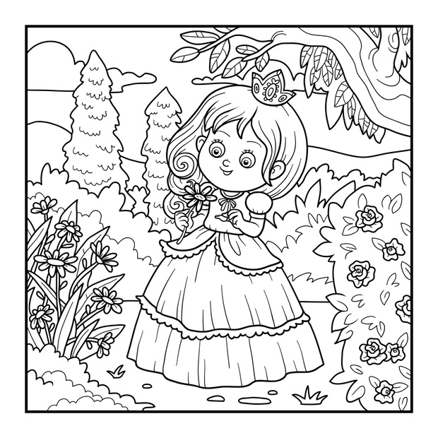 Coloring book, little princess with a flower in the garden