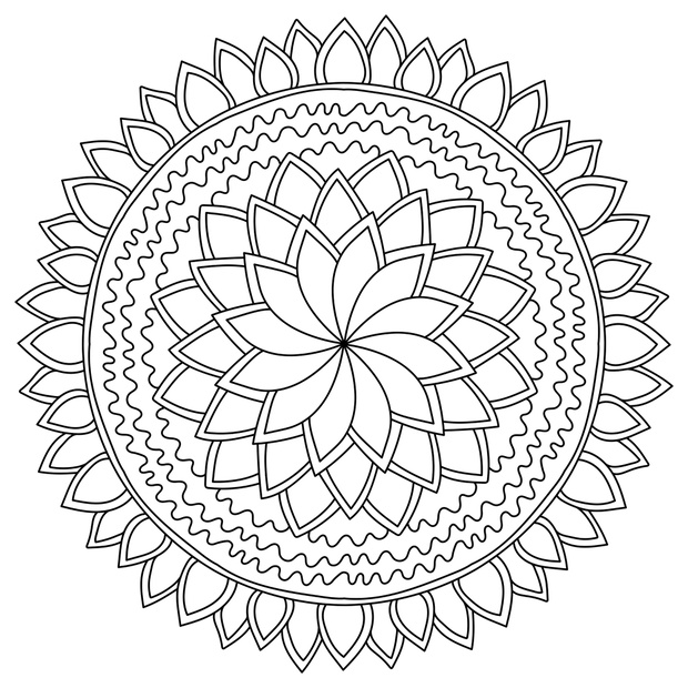 Meditative mandala in the shape of a symmetrical flower, colorin