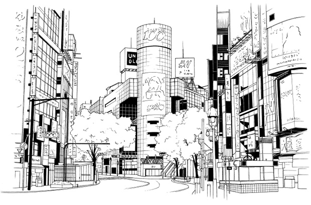 漫画風ペン画イラスト　繁華街
