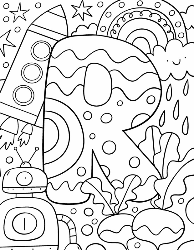 Coloring page Alphabet for kids with cute characters in doodle s