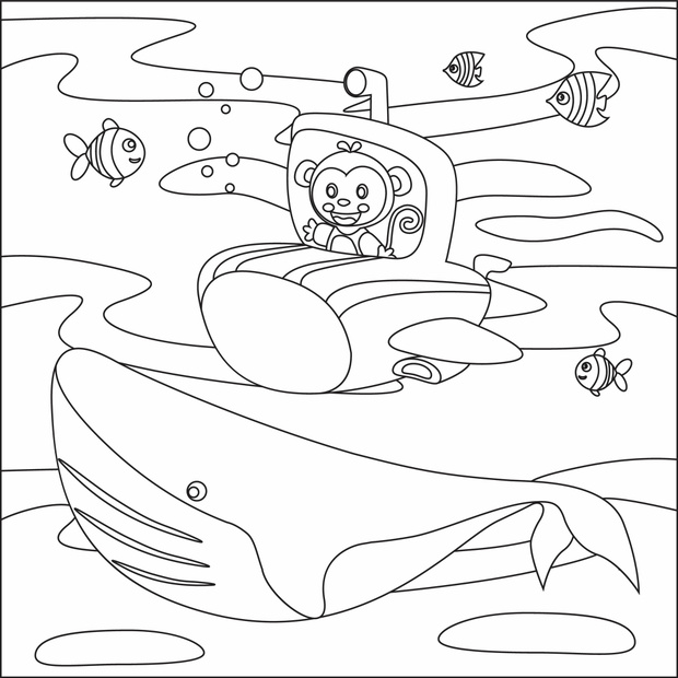 Vector cartoon illustration of little monkey driving submarine,