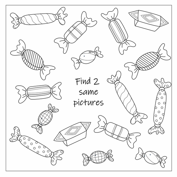 Vector black and white cartoon illustration of finding two same pictures educational game for children with funny candy, coloring book page
