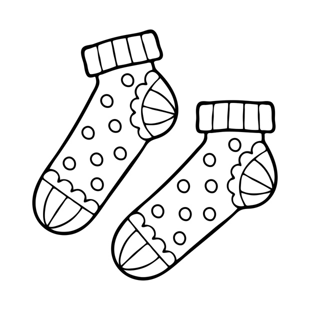 Pair of warm socks coloring page. Clothes of the feet, decorated with patterns. Wardrobe item. Hand drawn vector line art illustration. Coloring book for children. Black and white sketch.