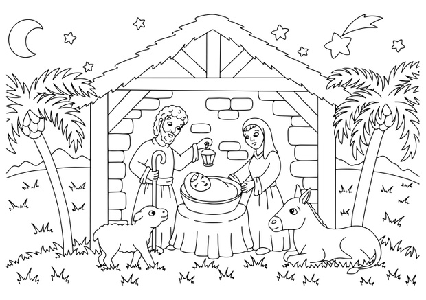 Nativity scene. Coloring book page for kids. Cartoon style character. Vector illustration isolated on white background.