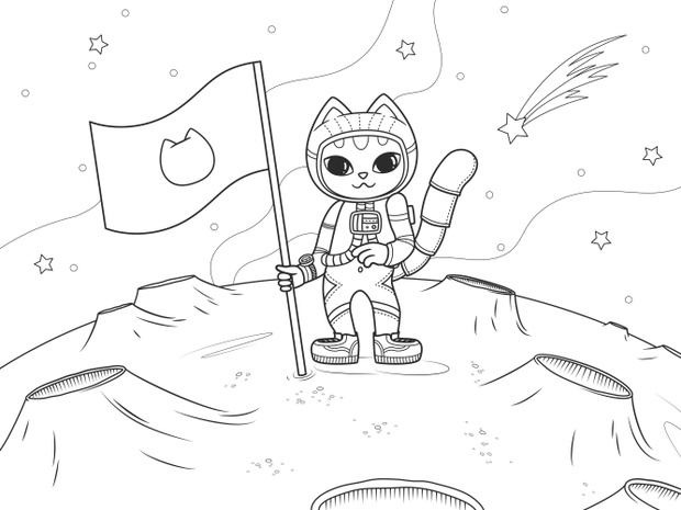 Little cute astronaut cat in a spacesuit will set a flag on a ne