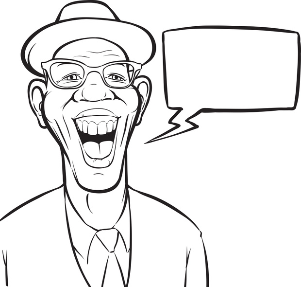 whiteboard drawing - cartoon laughing black man in hat