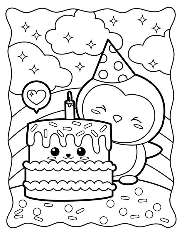 Kawaii coloring page. Birthday penguin with cake. Sweets. Colori