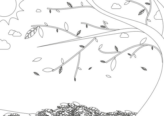Coloring book - autumn landscape with tree with falling leaves