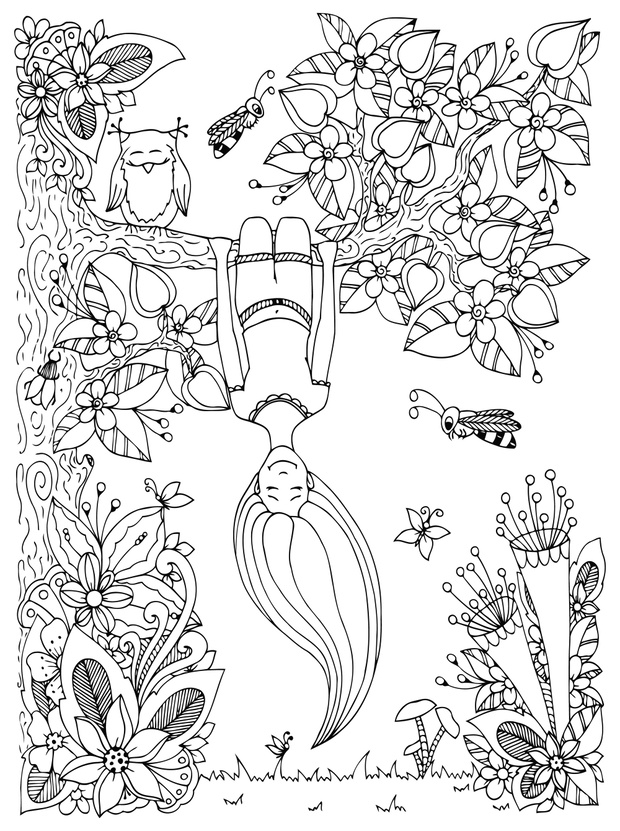 Vector illustration Zen Tangle, girl hangs on a tree upside down. Doodle floral frame. Coloring book anti stress for adults. Black white.