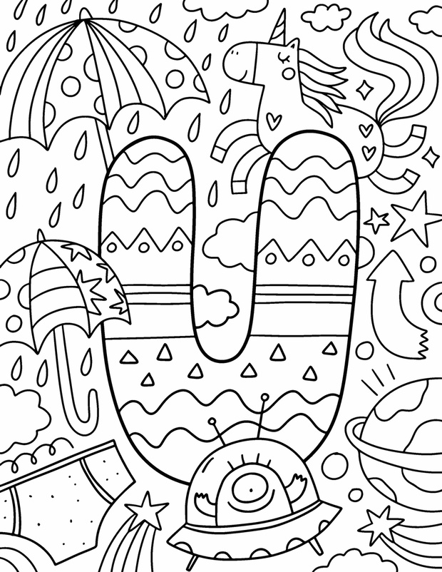 Coloring page Alphabet for kids with cute characters in doodle s