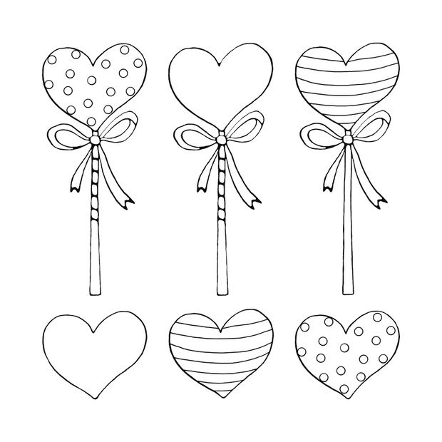 Set of Contour Heart Shaped Lollipop Candy with ribbon. Coloring page, Valentine's Day, Easter, holidays clip art element. Hand drawn, outline, black and white, simple illustration