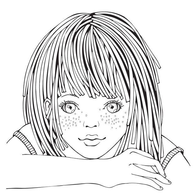 Cute cartoon little girl. Coloring book page for adult and children. Black and white vector.