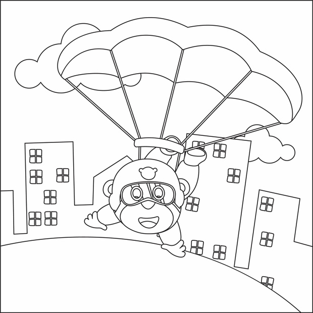 Vector cartoon illustration of skydiving with litlle monkey, pla