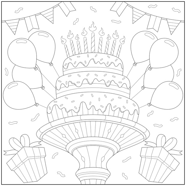 Delicious and amazing party cake with balloon, flag and gift box