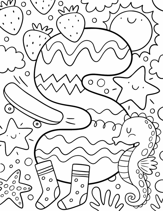 Coloring page Alphabet for kids with cute characters in doodle s