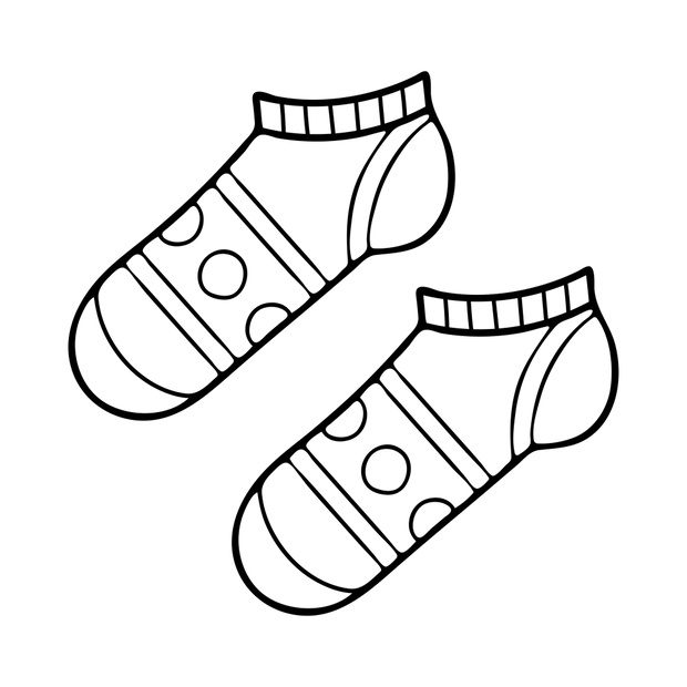 Pair of warm socks coloring page. Clothes of the feet, decorated with patterns. Wardrobe item. Hand drawn vector line art illustration. Coloring book for children. Black and white sketch.