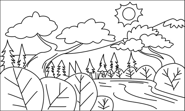 Illustration of river and mountain landscape. Suitable for child