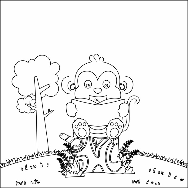 Illustration of funny monkey sit on tree trunk reading a book. C