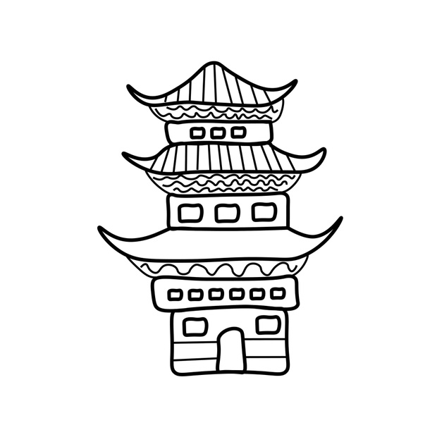 Vector Asian pagoda in doodle style Architectural illustration f