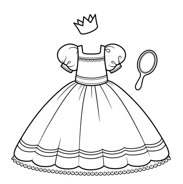 Ball gown with fluffy skirt, hand mirror and crown princess outf