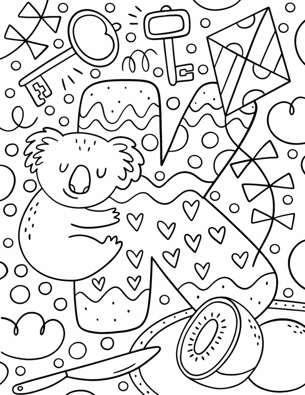 Coloring page Alphabet for kids with cute characters in doodle s