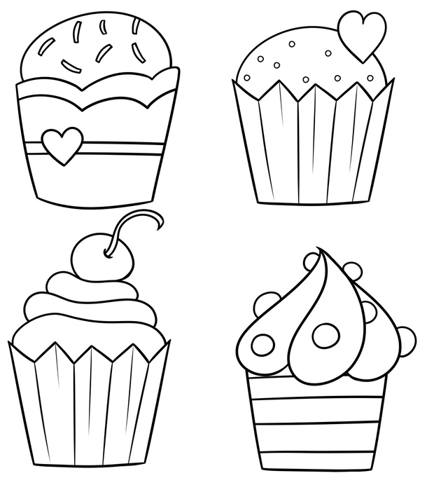 Monochrome set of delicious cupcakes with different fillings and different patterns in cartoon style