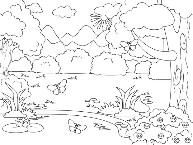 Forest glade with a river bank. Raster coloring book.