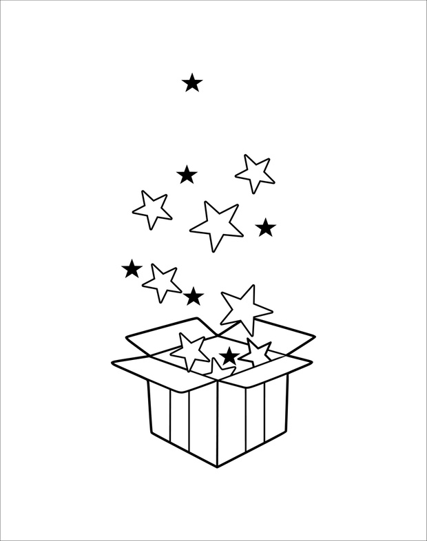 Black and white contoured cartoon box with gifts and a starfall.