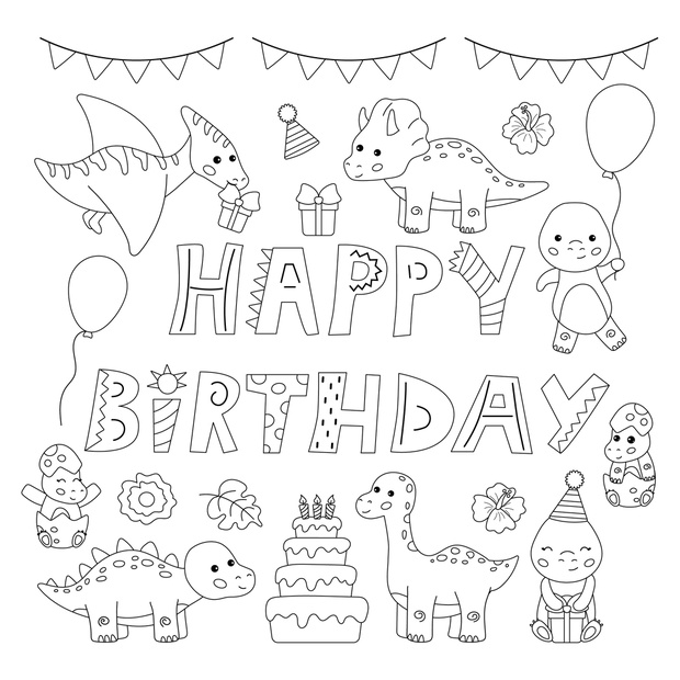 Kawaii cartoon dinosaurs. Happy birthday coloring page. Greeting card. Black and white vector illustration.