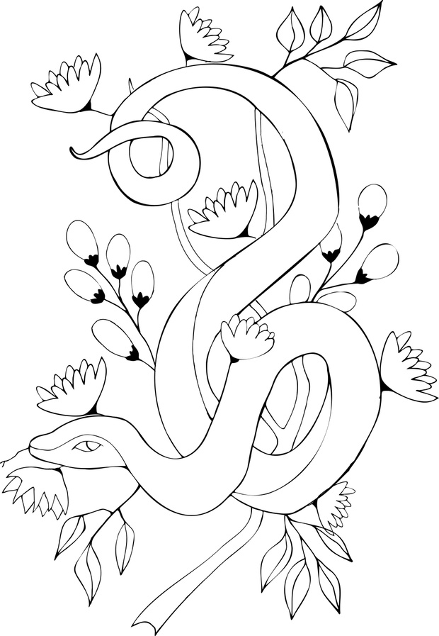 vector illustration of a snake coiled on a branch and flowers