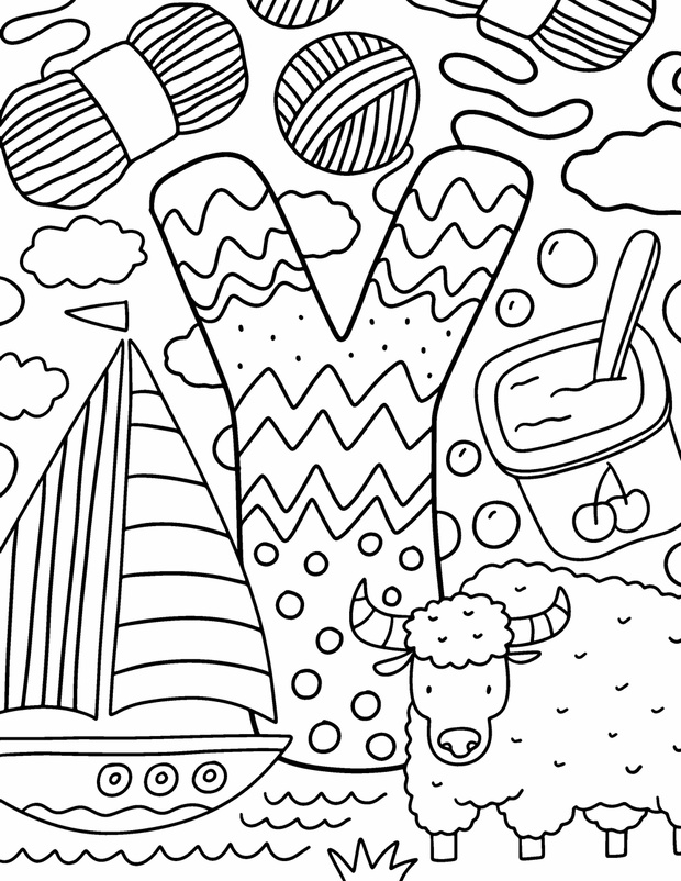Coloring page Alphabet for kids with cute characters in doodle s