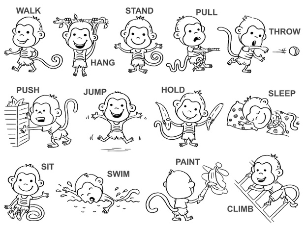 Verbs of action in pictures, cute monkey character, black and white outline